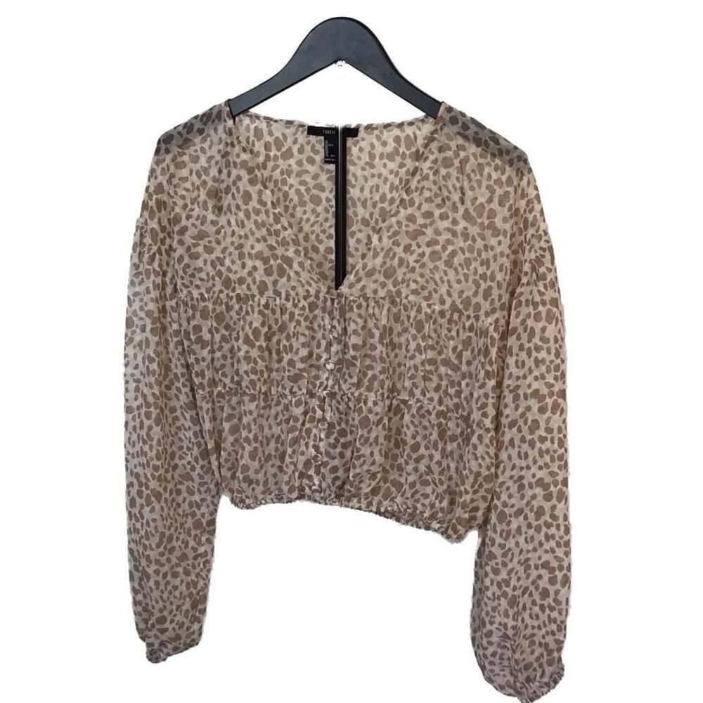 Forever 21 Leopard Print V-Neck sheer Long Sleeve Blouse Women’s Medium